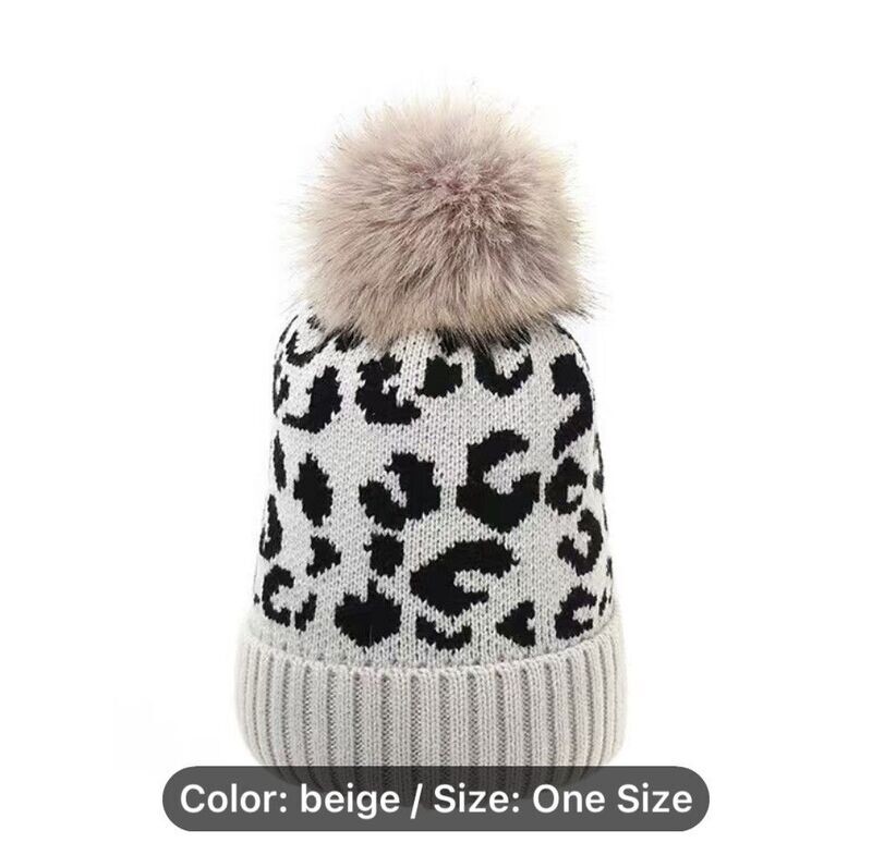 Leopard Pom Pom Beanie Beige