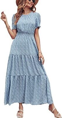New Arrival Vintage Puff Elegant Casual Dresses Floral Chiffon Dress Retro Waist Maxi Dress