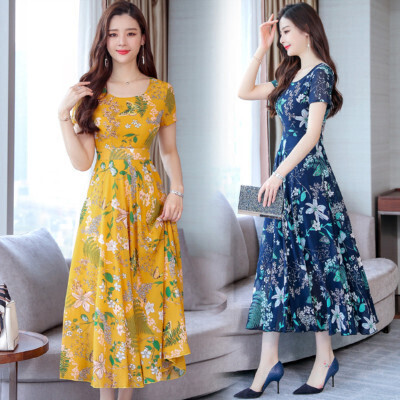 Summer dress women's short-sleeved temperament  floral round neck mid-length floral print dress for women