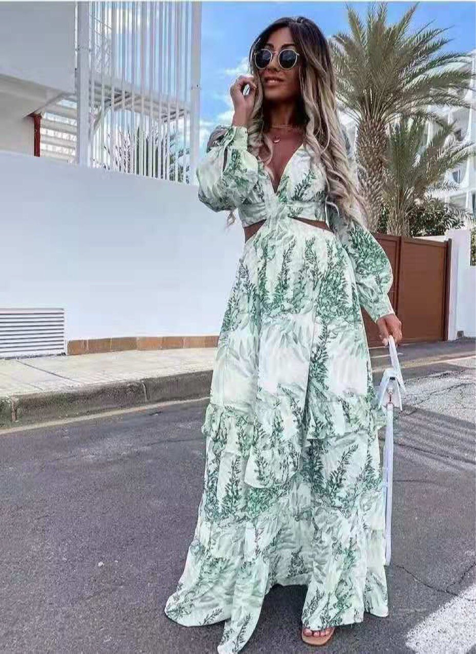 Hollow Out Boho Long Dress Women Deep V Neck Ruffle Party Dress