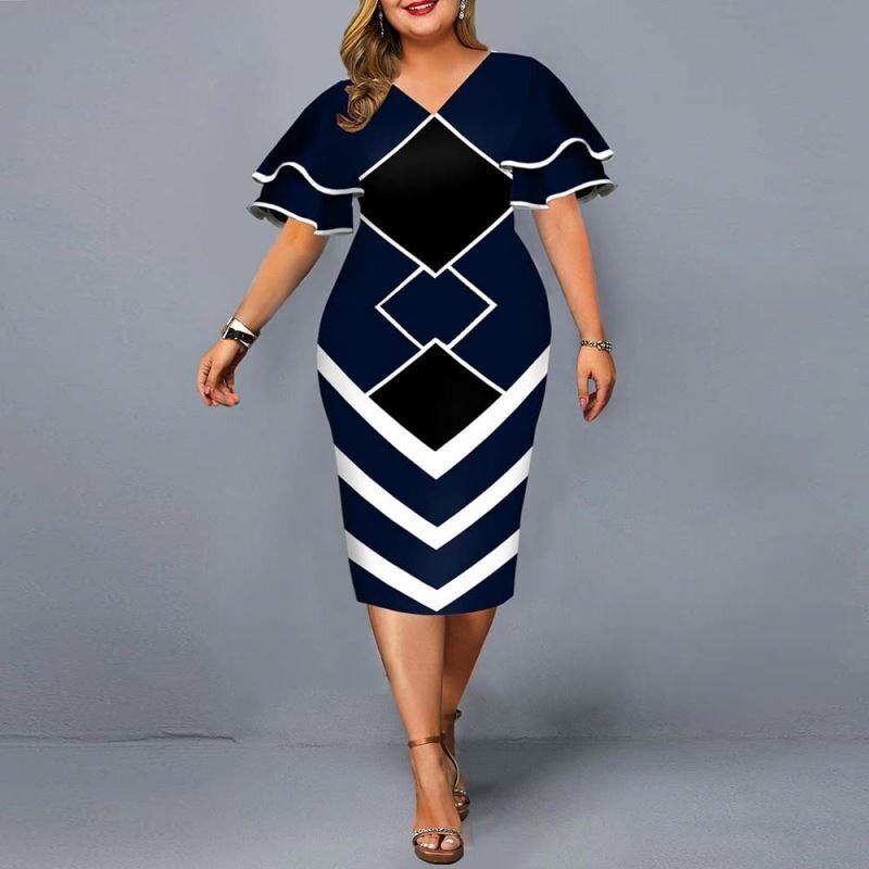 2022 Plus size hot sales new digital printed full size women matching sleeves fall casual dress women