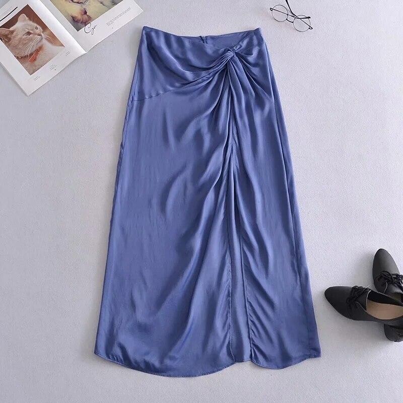 High Waist Elegant Ladies Slit Maxi Skirt, size: L, color: Blue