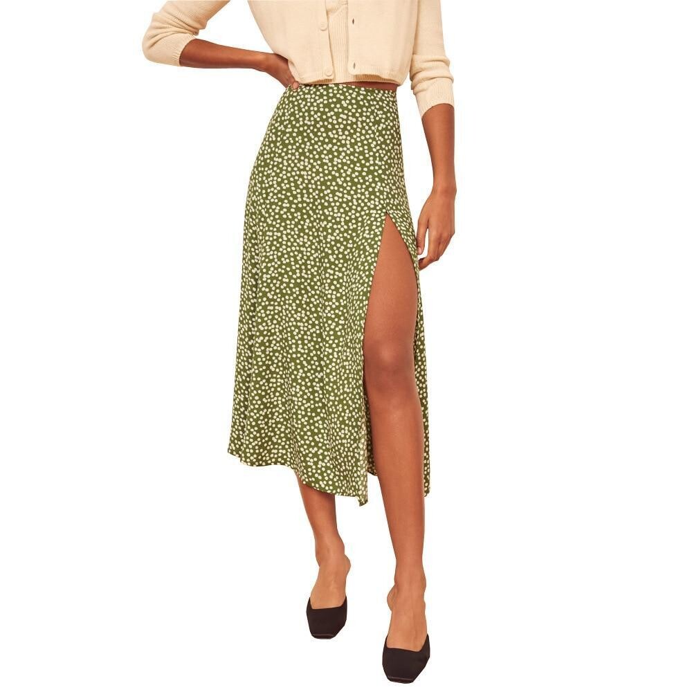 Fashion Vintage Skirt Flower Polka Dot Print High Waist Stretch Split