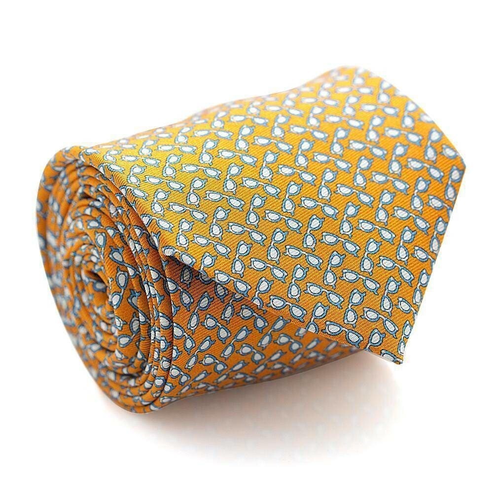 Davidoff Neckties For Men Hand Made Italian Silk Neck Tie - Orange With Blue Sunglasses Pattern