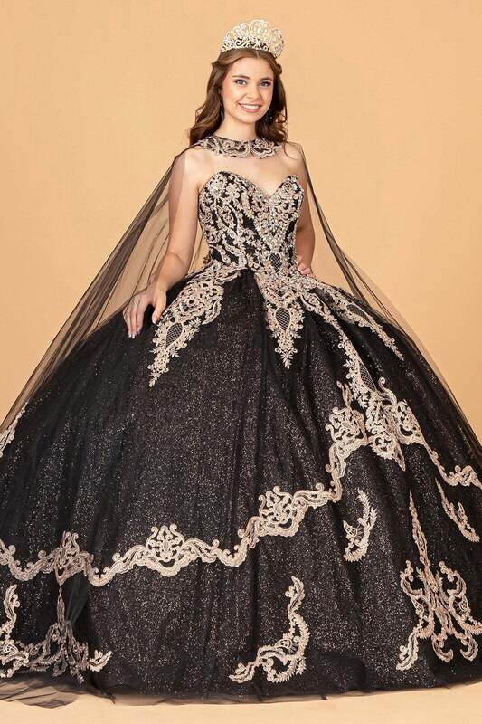 Glitter Jewel Embellished Quinceanera Gown Long Mesh Cape GLGL3078