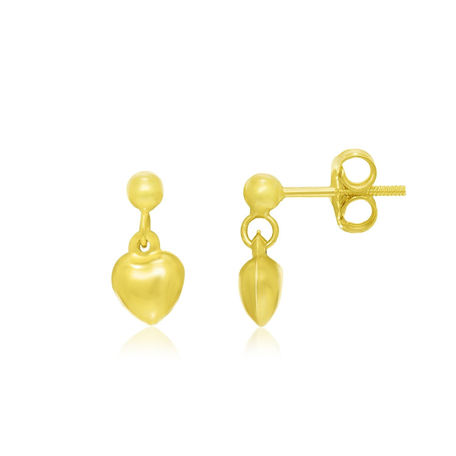 14k Yellow Gold Puffed Heart Children's Dangling Earrings