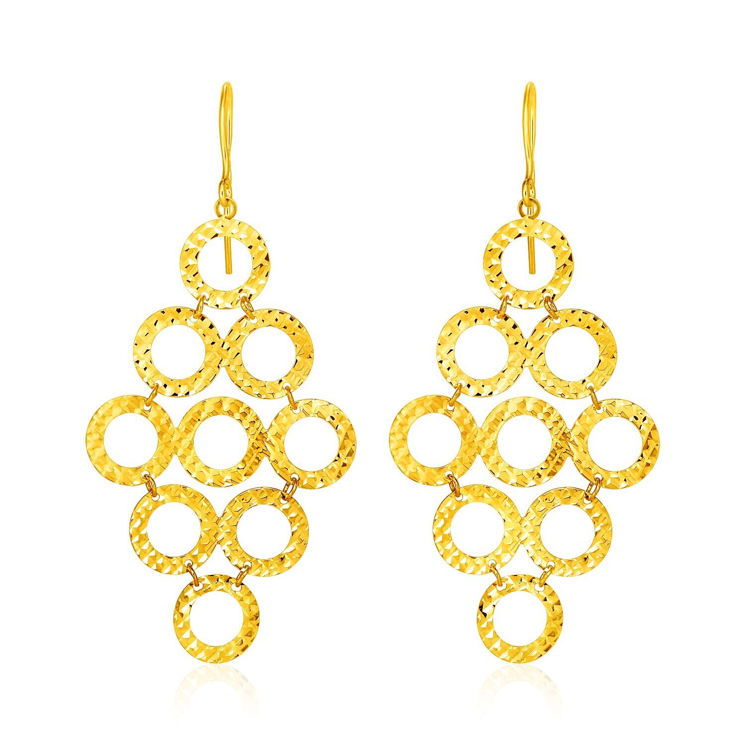 14k Yellow Gold Earrings with Textured Open Circle Motifs