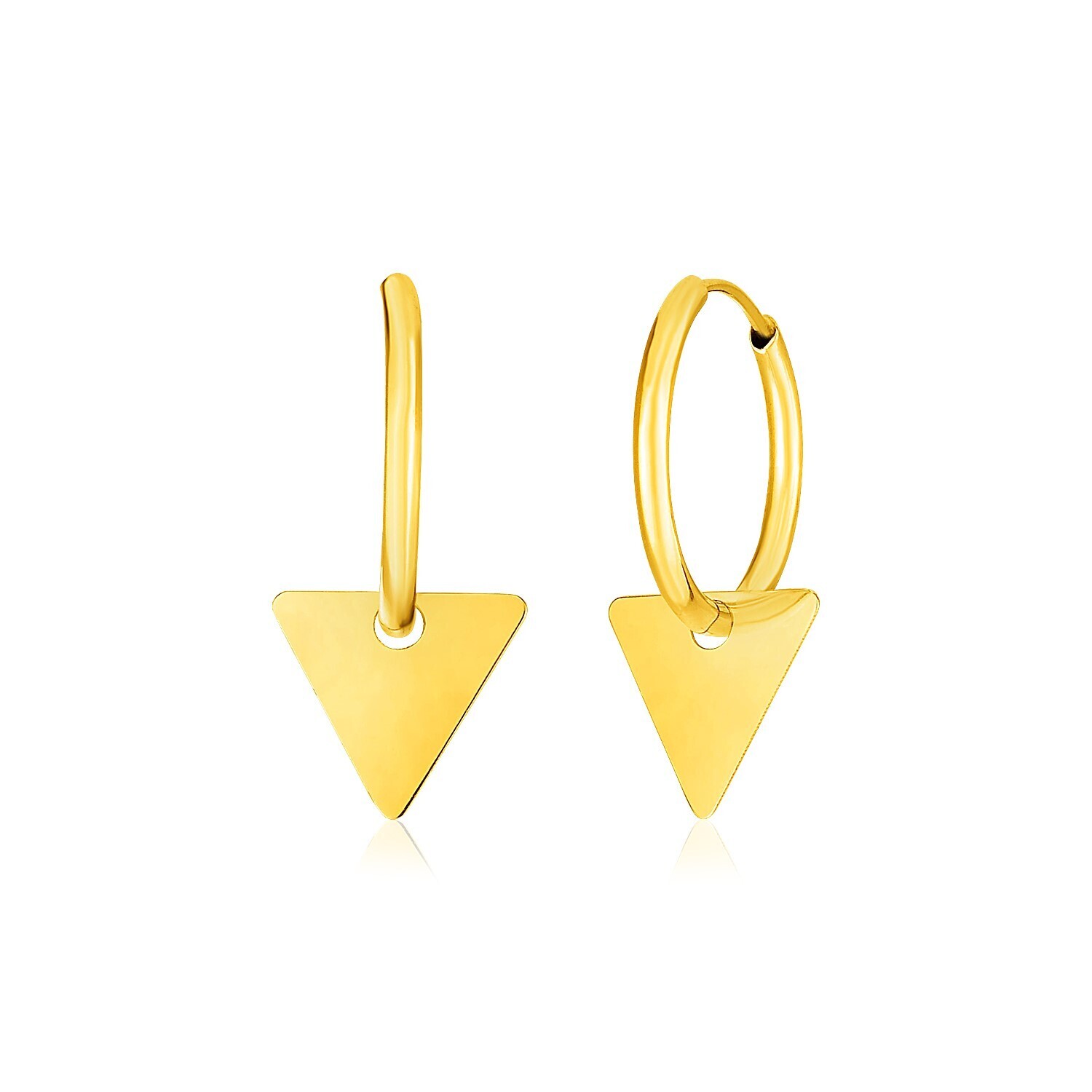 14k Yellow Gold Huggie Style Hoop Earrings with Triangle Drops