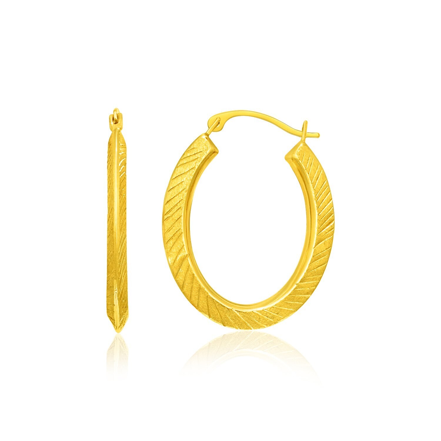 14k Yellow Gold Oval Line Texture Hoop Earrings