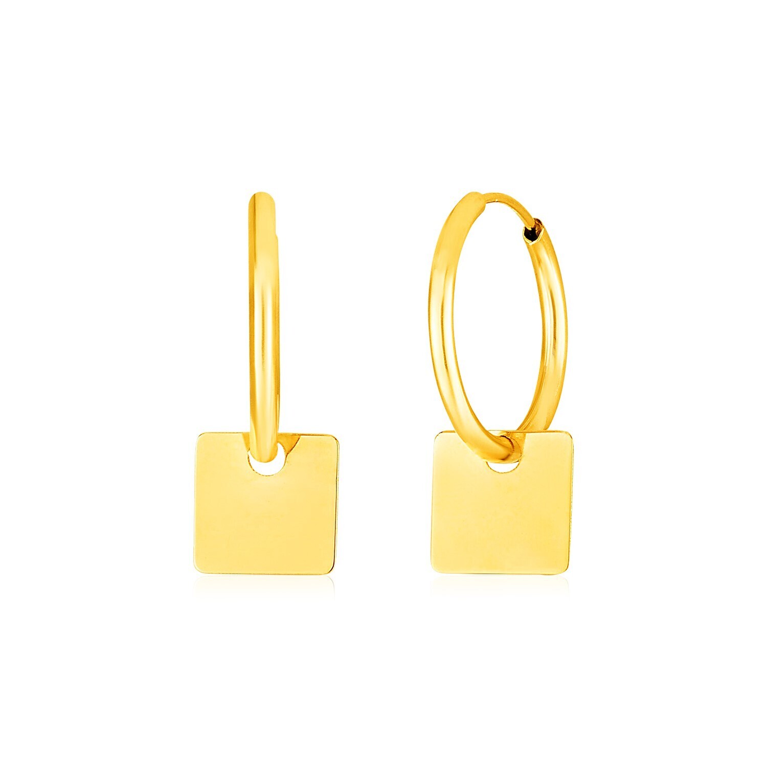 14k Yellow Gold Huggie Style Hoop Earrings with Square Drops
