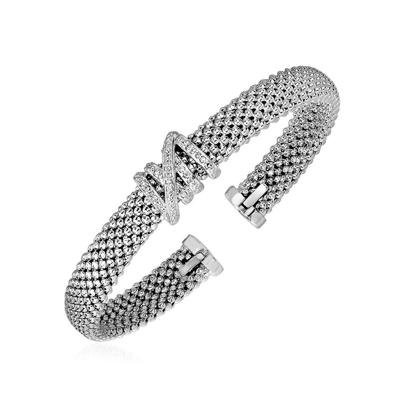 Popcorn Texture Cuff Bangle with Diamonds in Sterling Silver