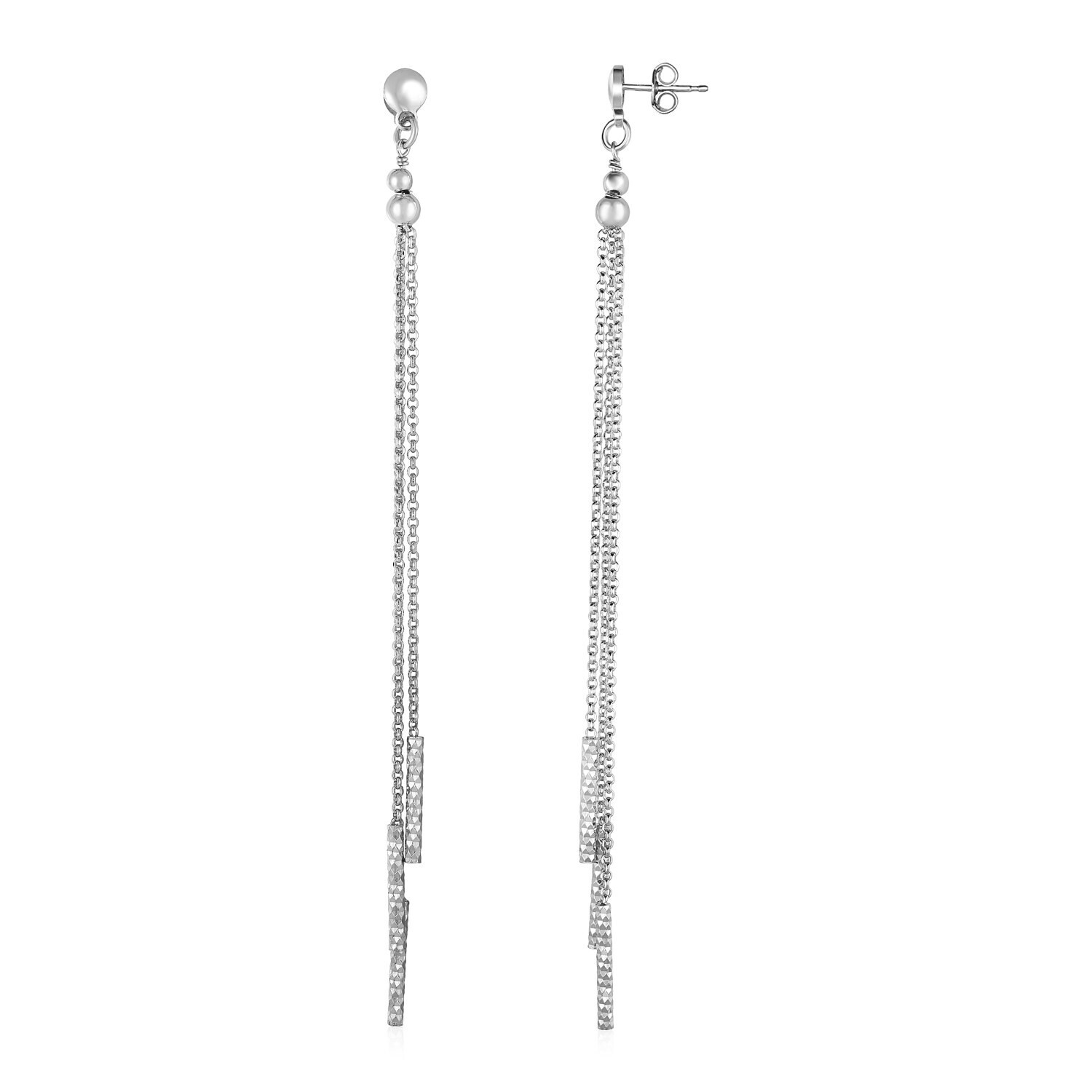 Long Chain Tassel and Textured Bar Drop Earrings in Sterling Silver