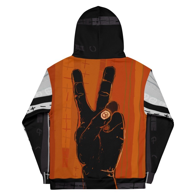 Peace Sign Hand Graphic Recycled Unisex Hoodie - Orange, Black and Grey