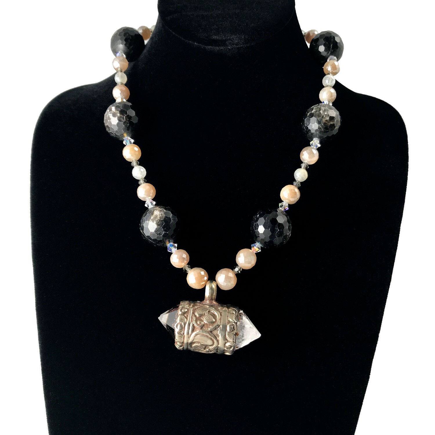 Large Quartz Beaded Statement Necklace with Silver Wand Pendant