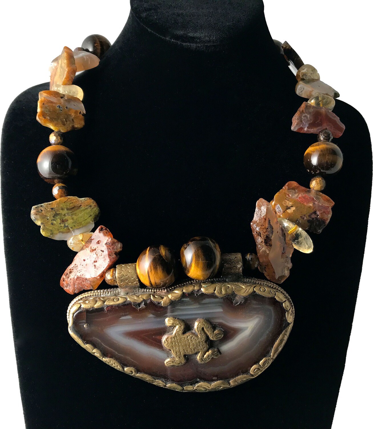 Bold Tiger Eye Necklace with Agate Scared Frog Pendant