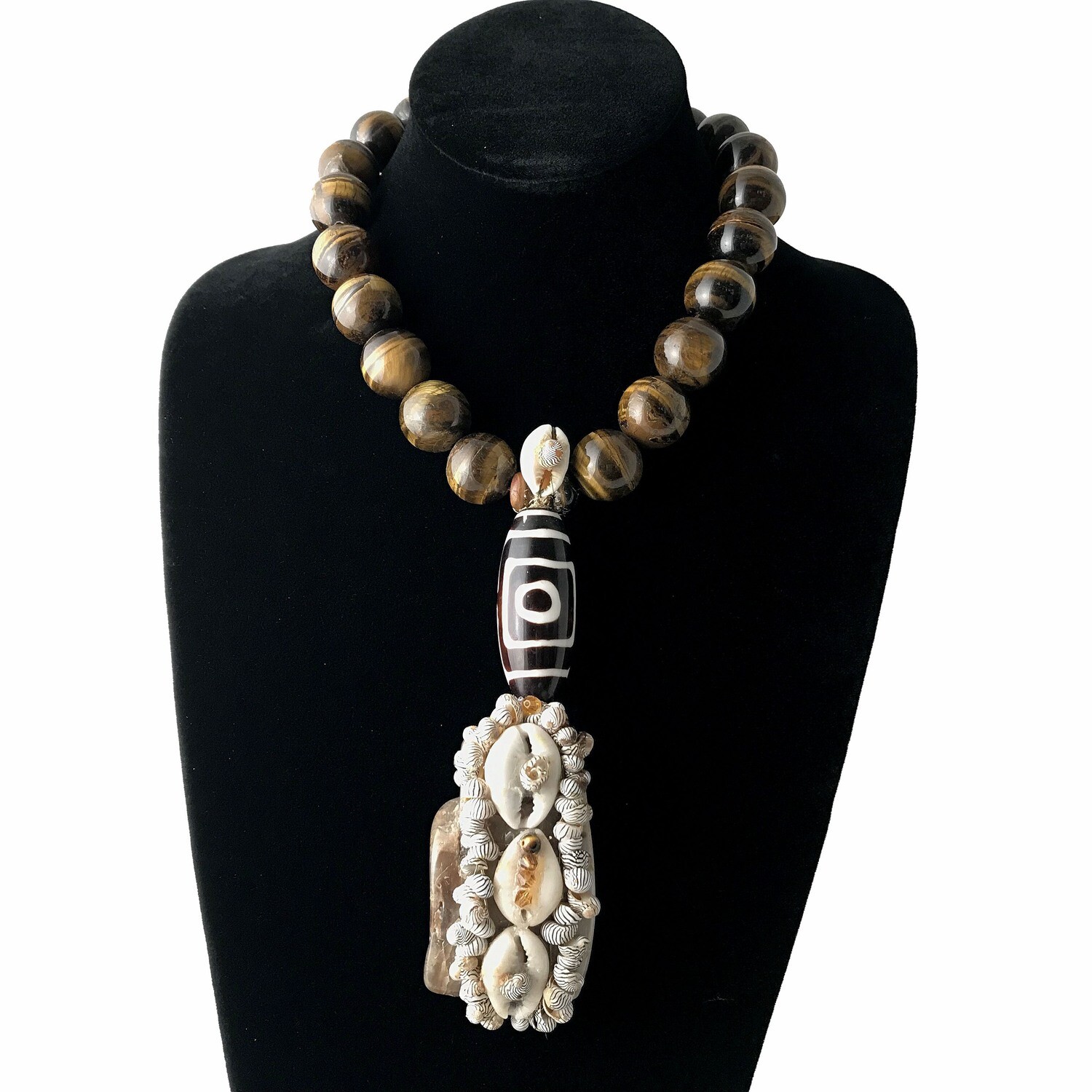 Ancestral Strength Necklace with Tiger Eye Beads and Cowrie Shells
