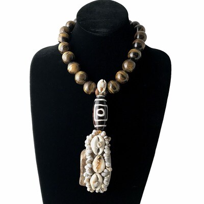 Ancestral Strength Necklace with Tiger Eye Beads and Cowrie Shells
