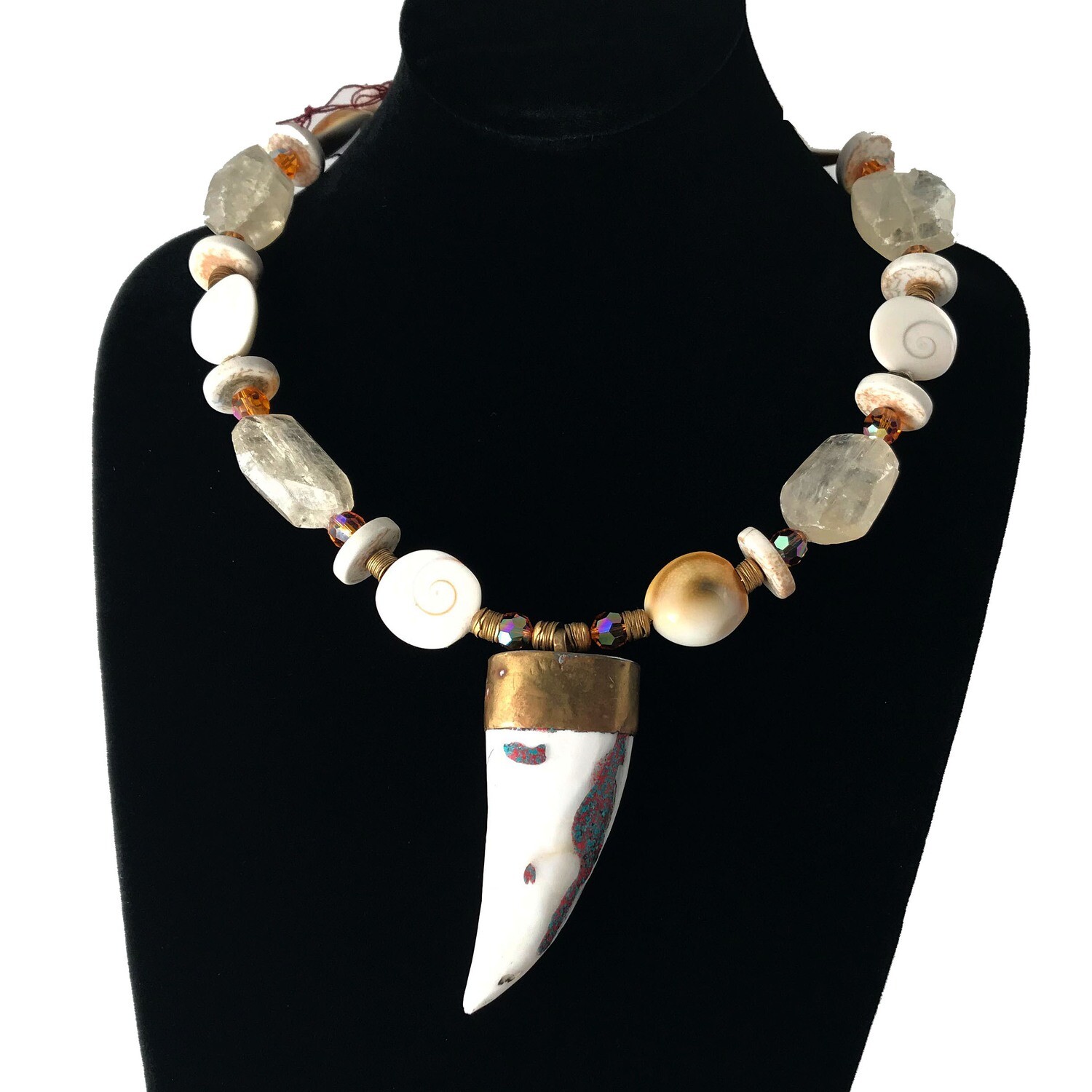 Handmade Citrine and Shell Necklace with Agate &#39;Tooth&#39; Pendent