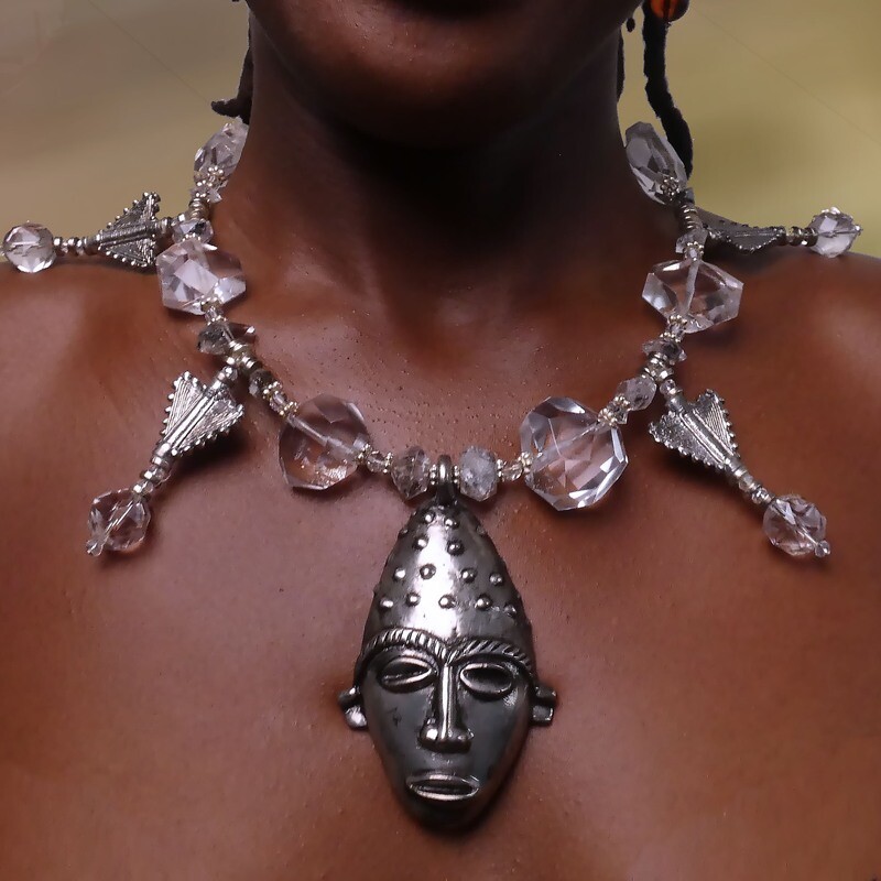African Mask Pendant Necklace with Clear Quartz and Herkimer Diamond Crystals