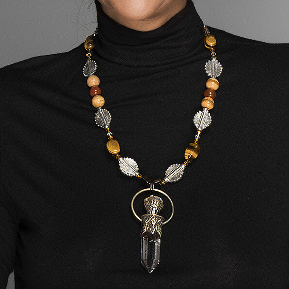 Tiger&#39;s Eye and Carnelian Necklace with Clear Quartz and Citrine Pendant