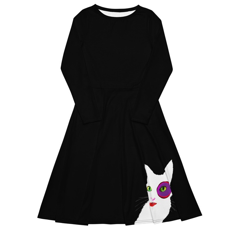 Unapologetic white cat long sleeve black fit and flare dress