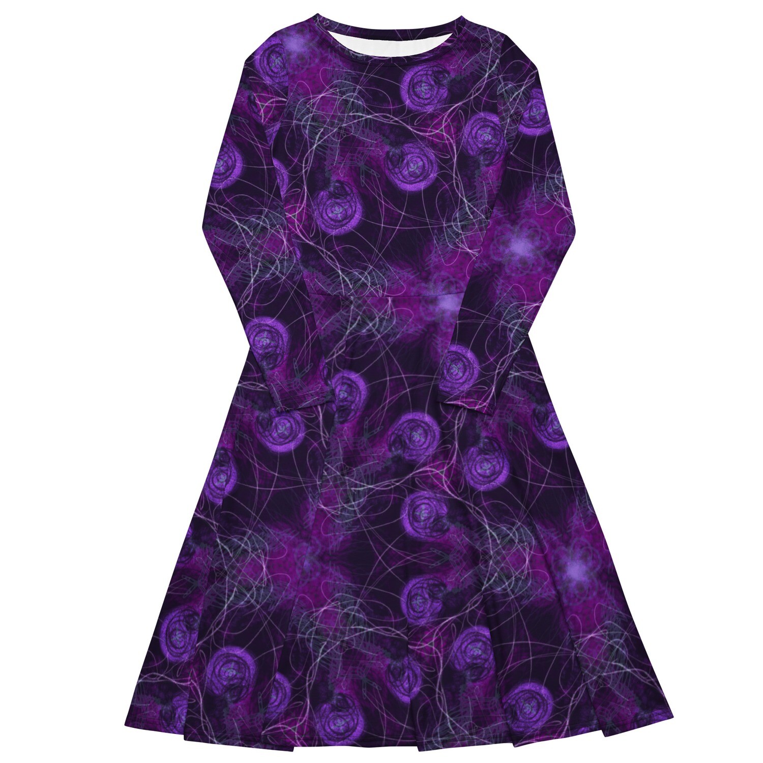 Cosmic deep purple pattern long sleeve midi dress