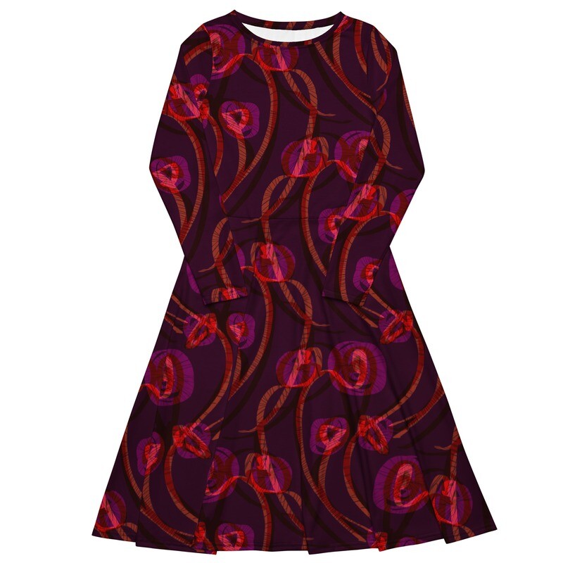 Purple and pink vines abstract pattern long sleeve fit and flare dress