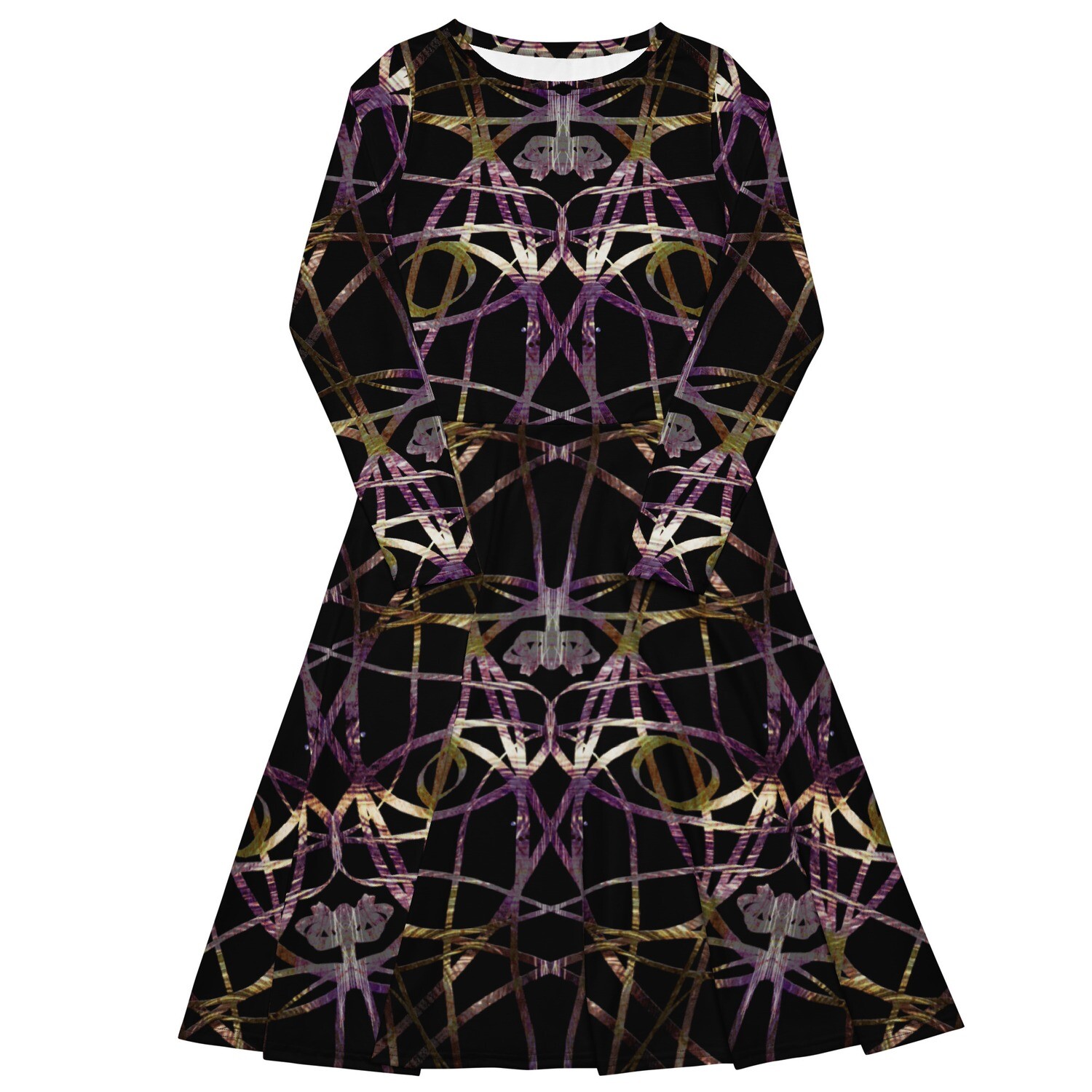 deep purple and gold abstract art long sleeve fit and flare dress