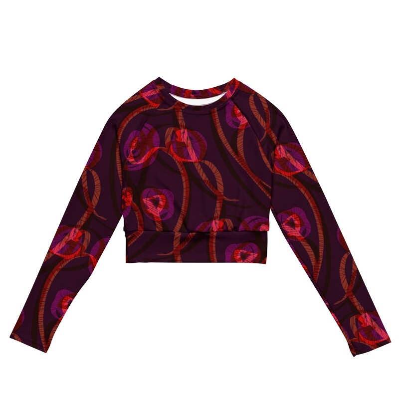 Deep purple and pink abstract vines recycled long-sleeve crop top