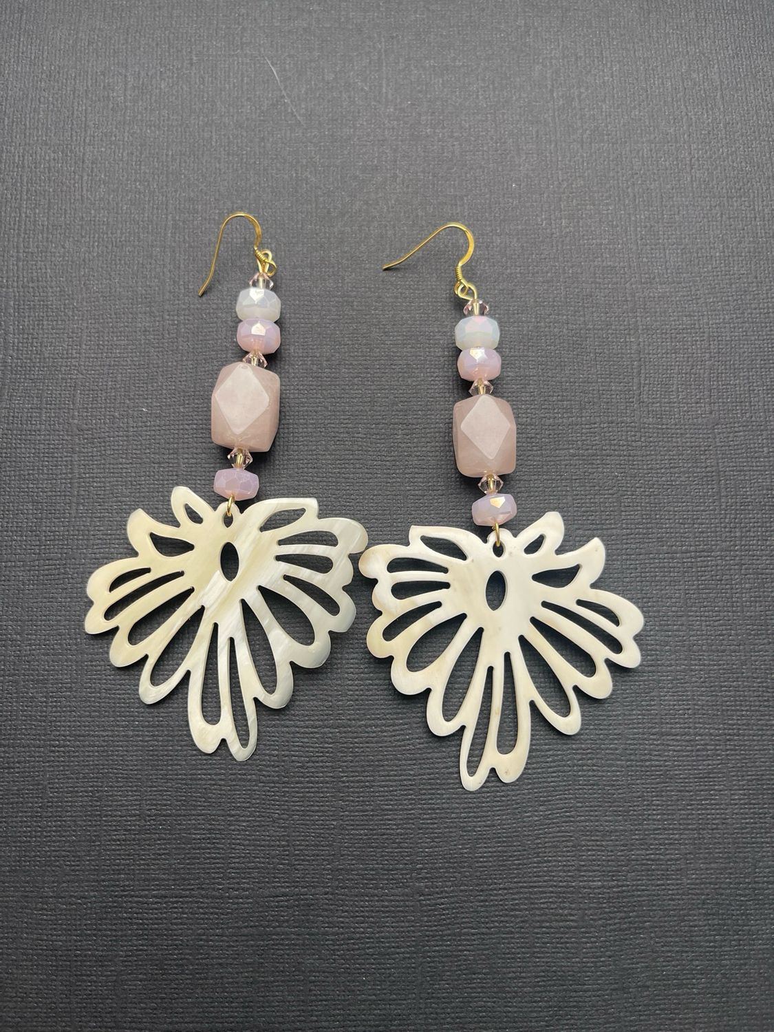Rose quartz, white flower earrings