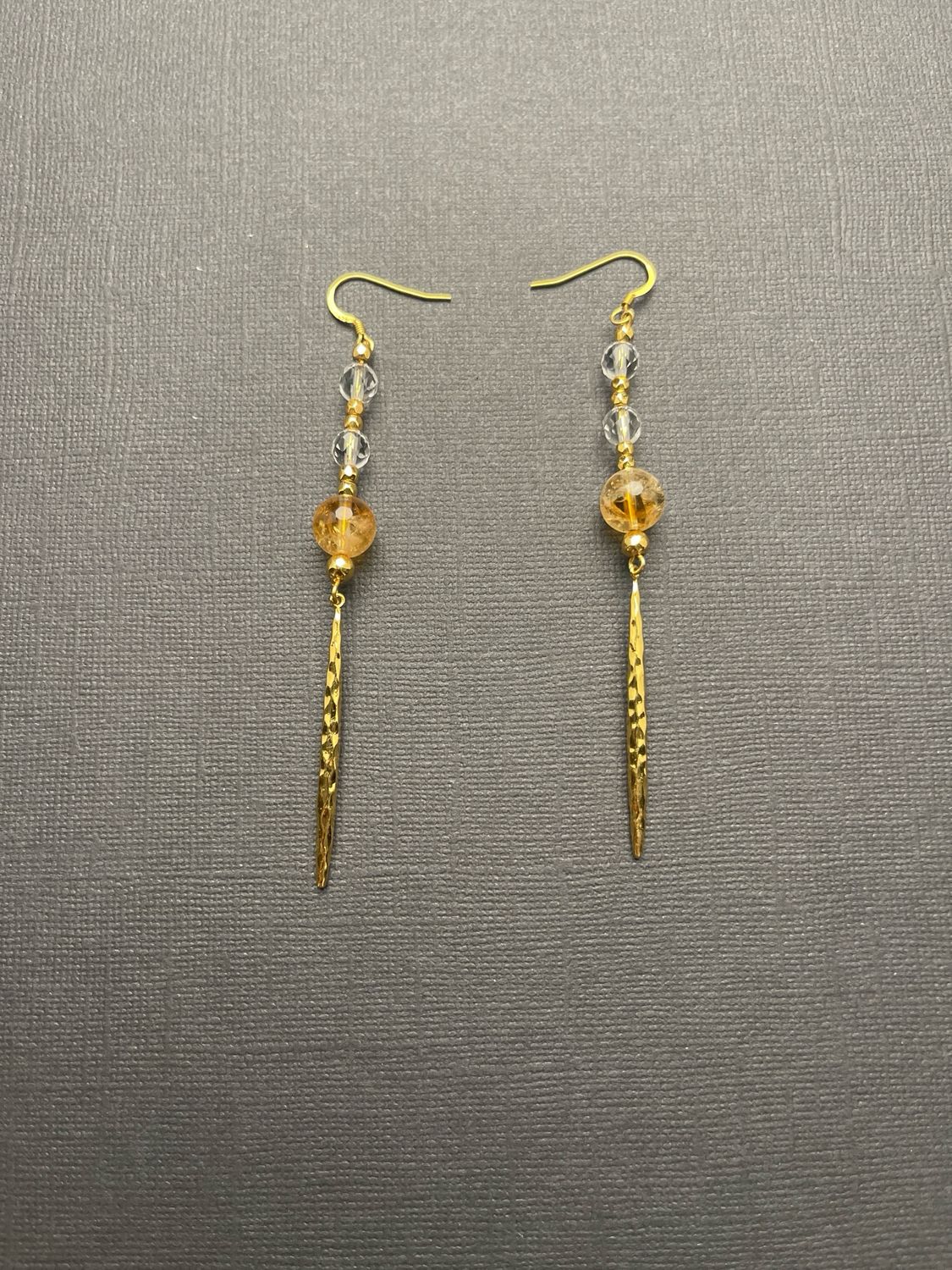 Long Citrine, Quart, &amp; Brass Earrings