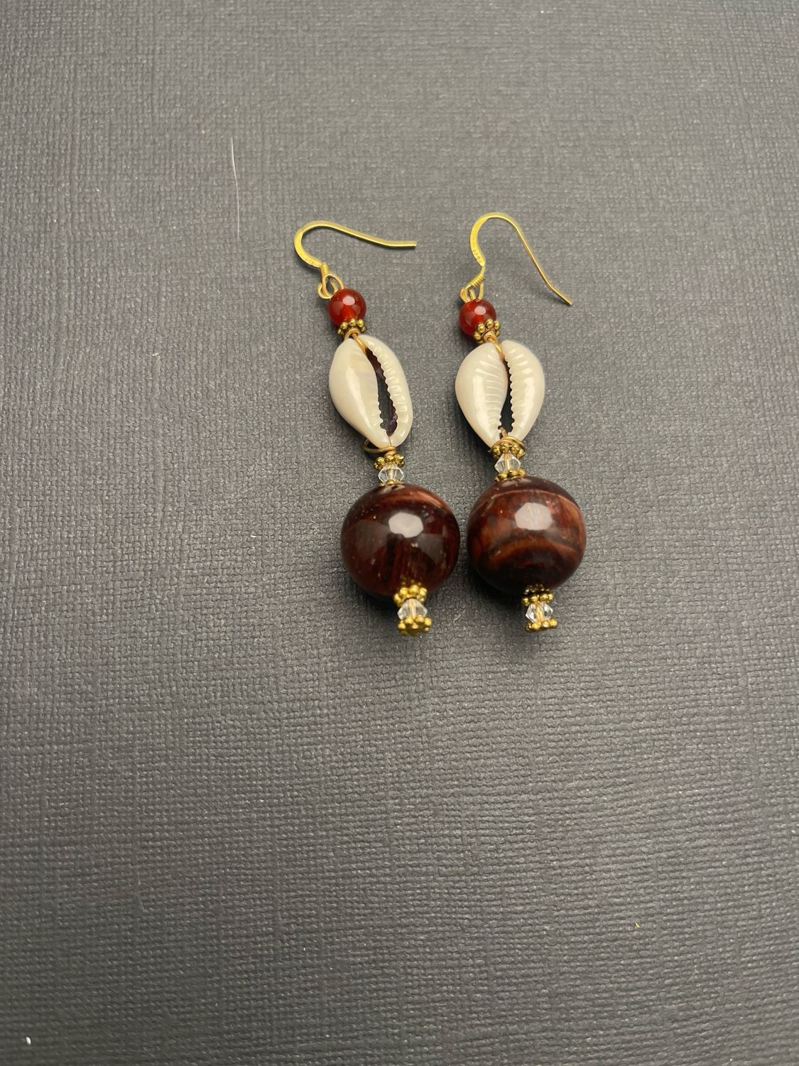 Tiger Eye, Carnelian, Cowrie Shell Earrings