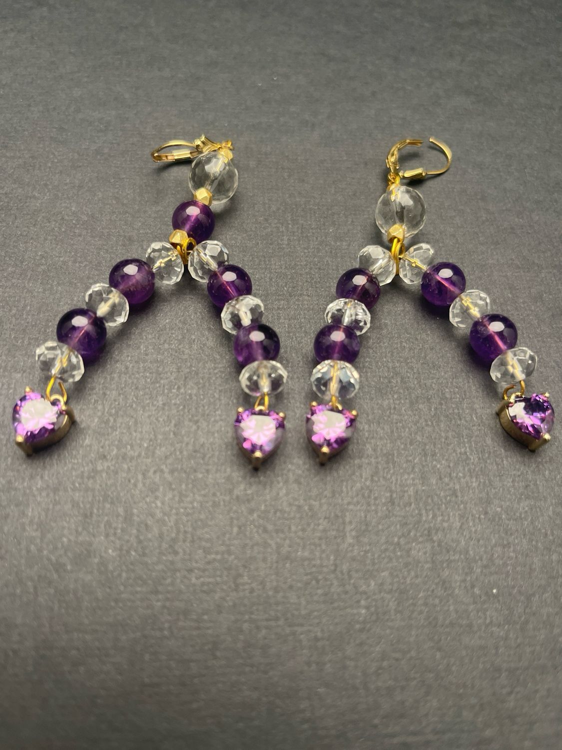 Amethyst &amp; Clear Quartz Earrings, Gold Wire
