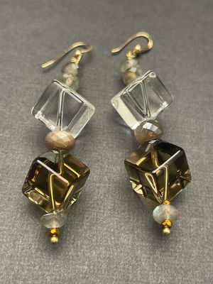 Clear Quartz, &amp; Smokey Quartz Earrings, Gold Ear Wires