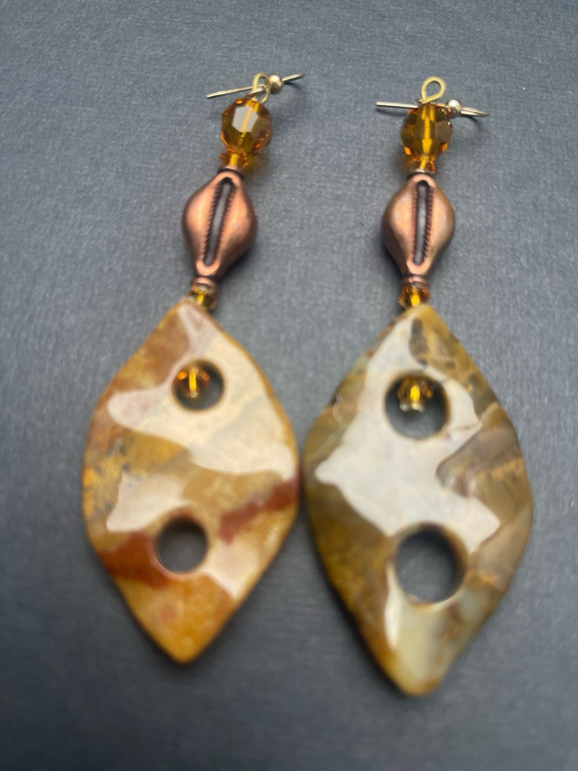 Topaz Copper And Agate Shield. Gold Ear Wires
