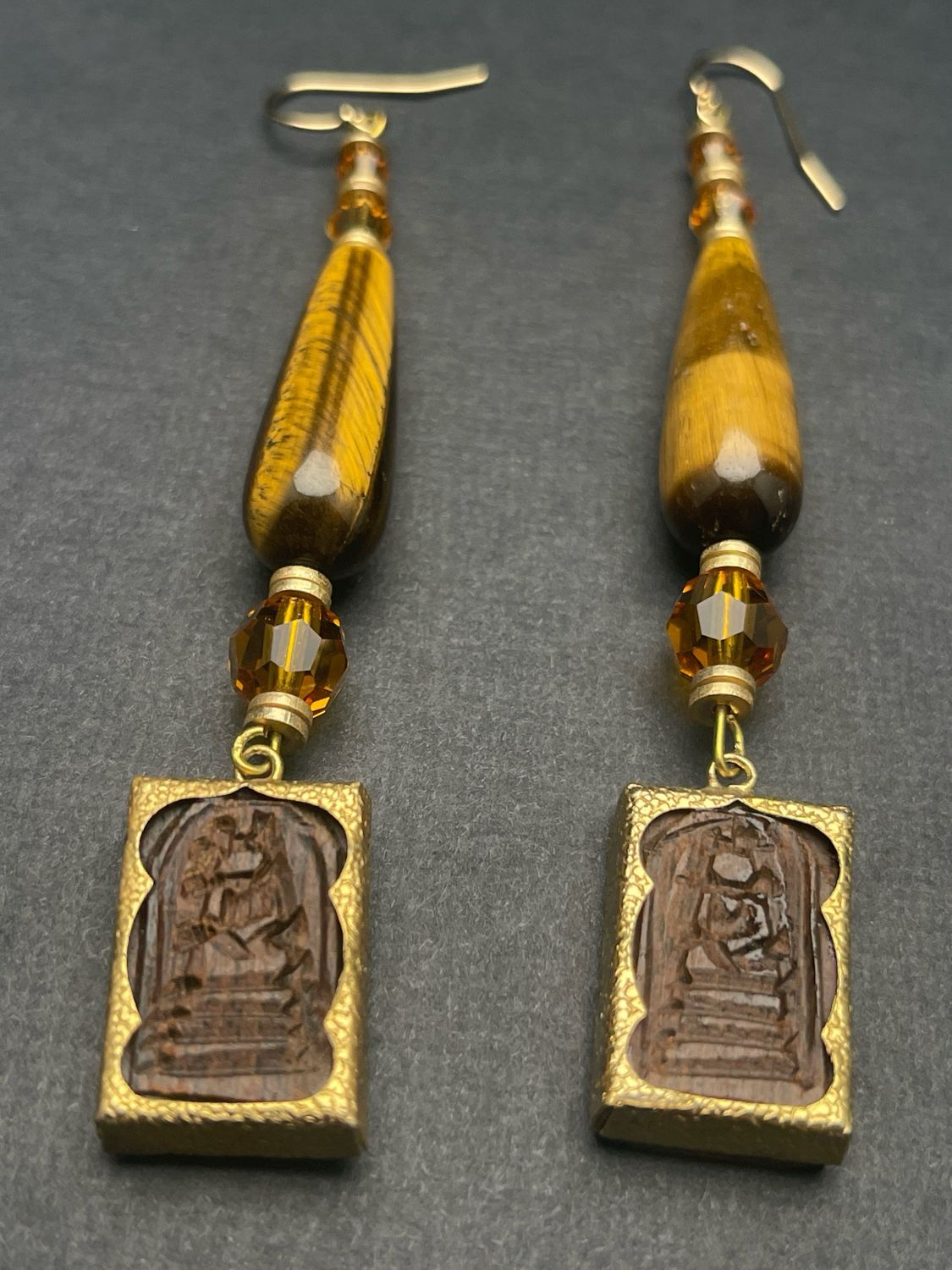 Tiger Eye, Topaz, &amp; Wood Buddha Earrings