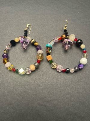 Multicolor Gemstone Hoop Earrings, Gold Earwire.