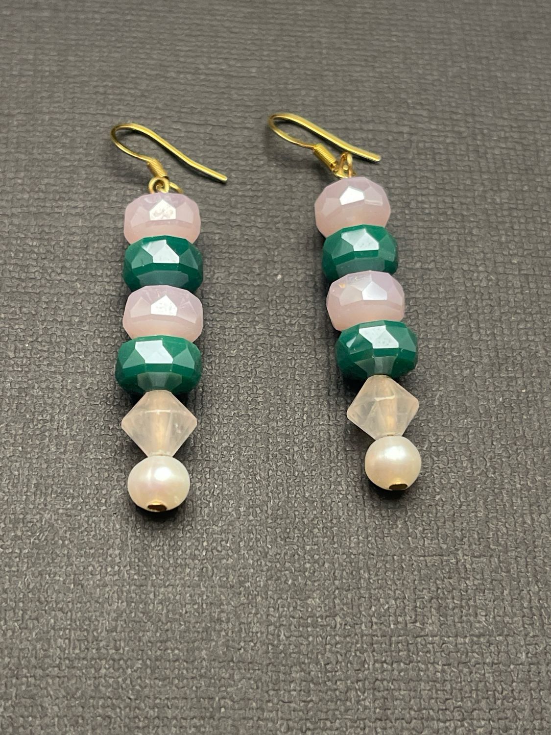 Pearl, Pink And Green Earrings, Gold Earwire