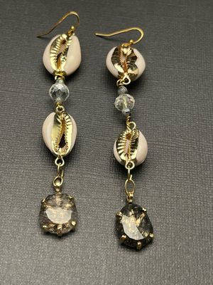 Cowrie Shells, Clear Quartz, Smokey Quartz, Gold Ear-wire