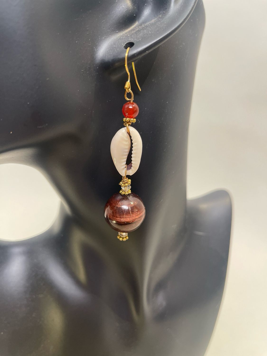Earrings-Tiger Eye Cowry Shell, Quartz, Carnelian