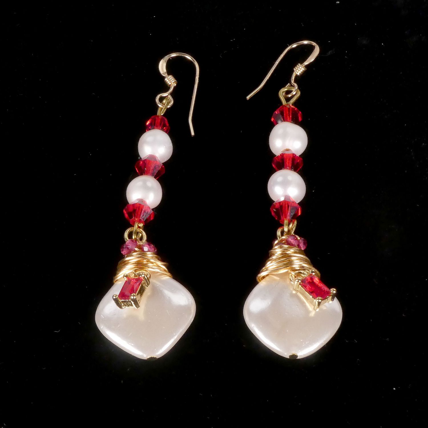 White pearl and red swarovski crystal earrings