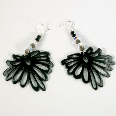 Black Leaf with obsidian and clear quartz beads Earrings