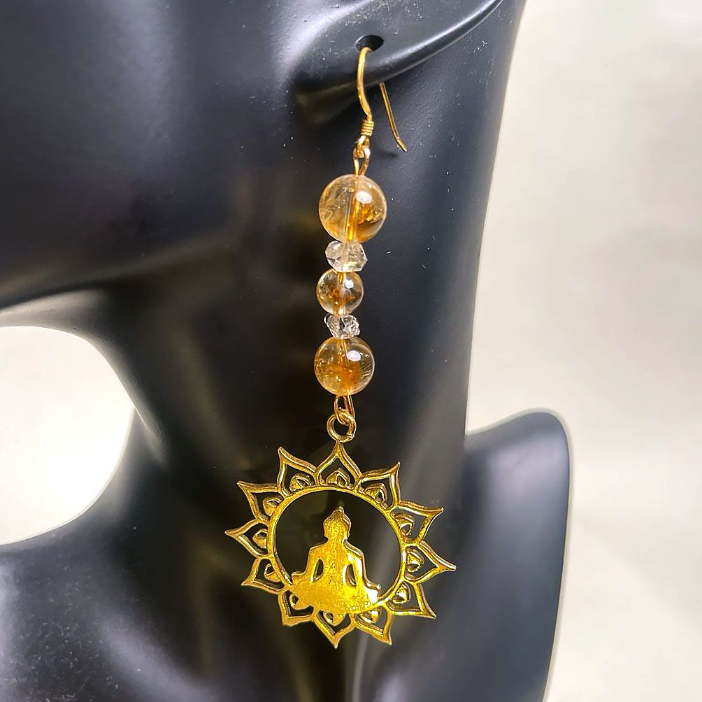 Earrings-Metal Buddha Pendant, Citrine, And Clear Quartz.