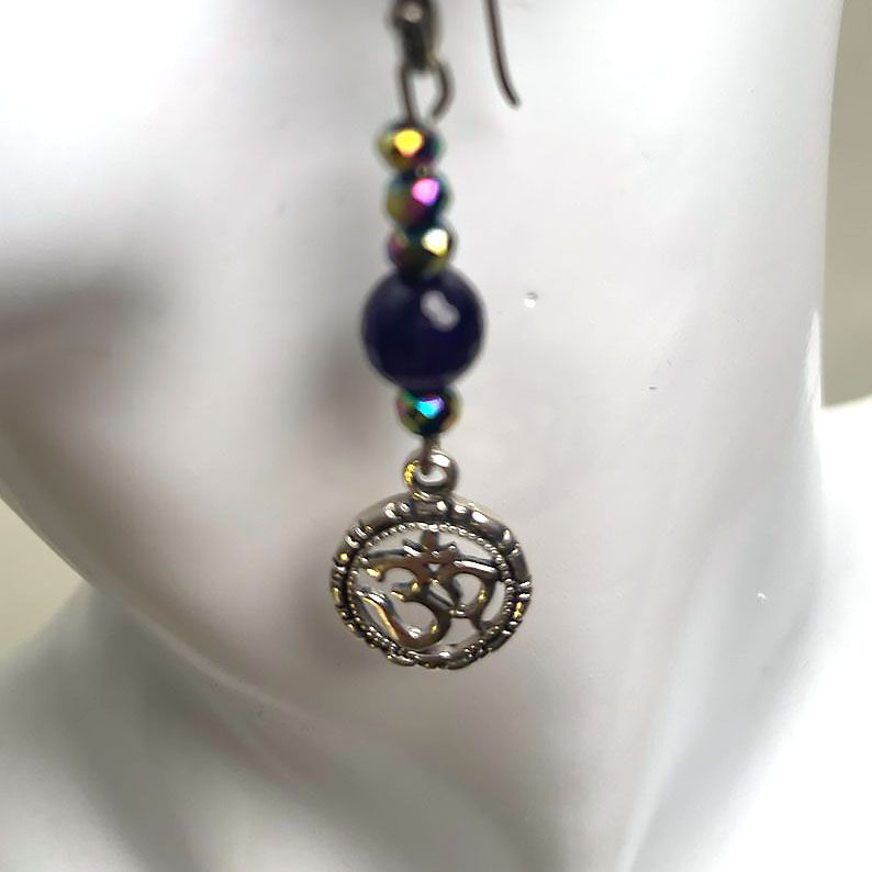 Earrings-925 Sterling Silver Om Pendant, Amethyst