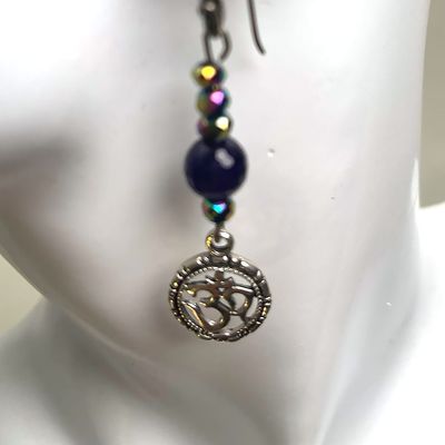 Earrings-925 Sterling Silver Om Pendant, Amethyst