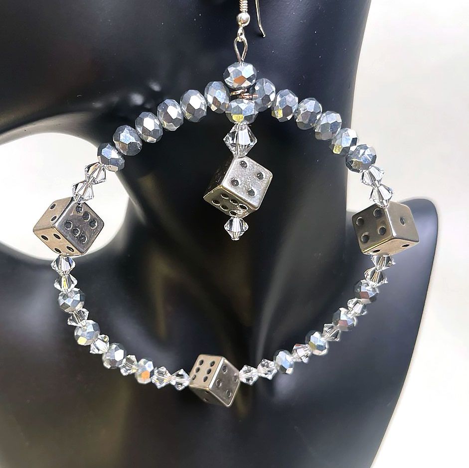 Earrings-large Loops With Metal Dice, Clear Quartz, Silver Colored Sawatzki Crystals.