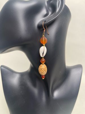 Earrings- Cornelian, Wood, Cowrie Shell.