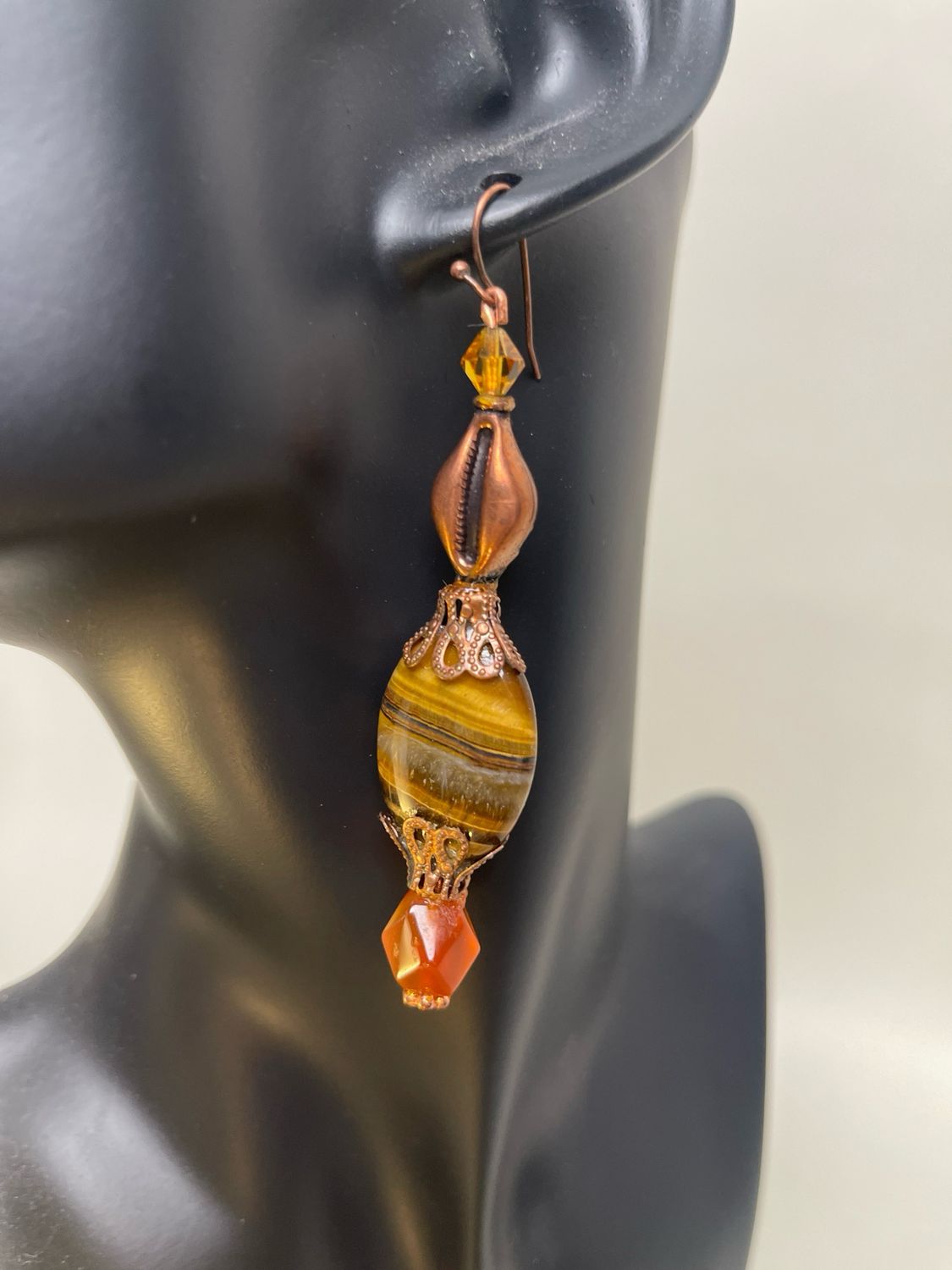 Earrings- Tiger Eye, Copper Cowrie Shell, Topaz, Carnelian