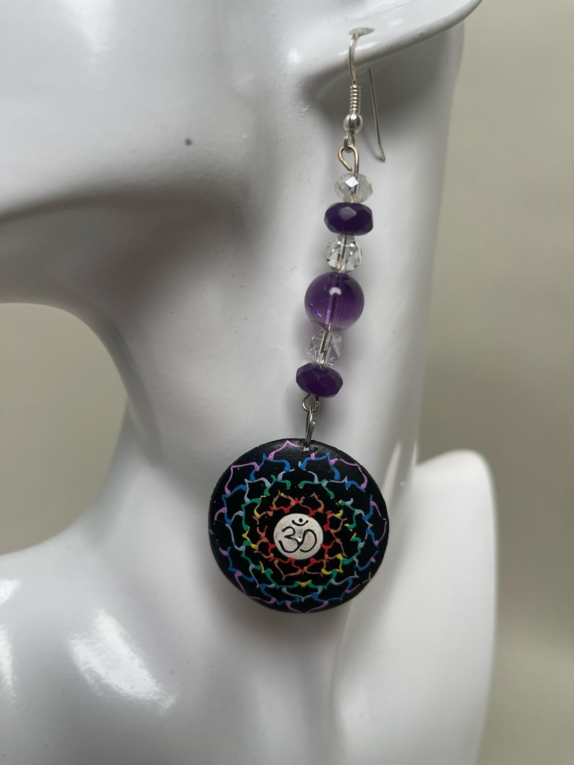 Earrings- Wood OM Pendant, Amethyst, Clear Quartz