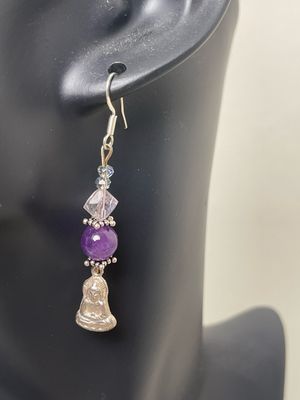 Earring Silver Buddha Pendant, Amethyst, Clear Quartz